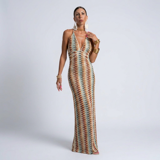 Zeynep Chevron Halter Maxi Dress with Adjustable Waist Tie and Flowing Hem