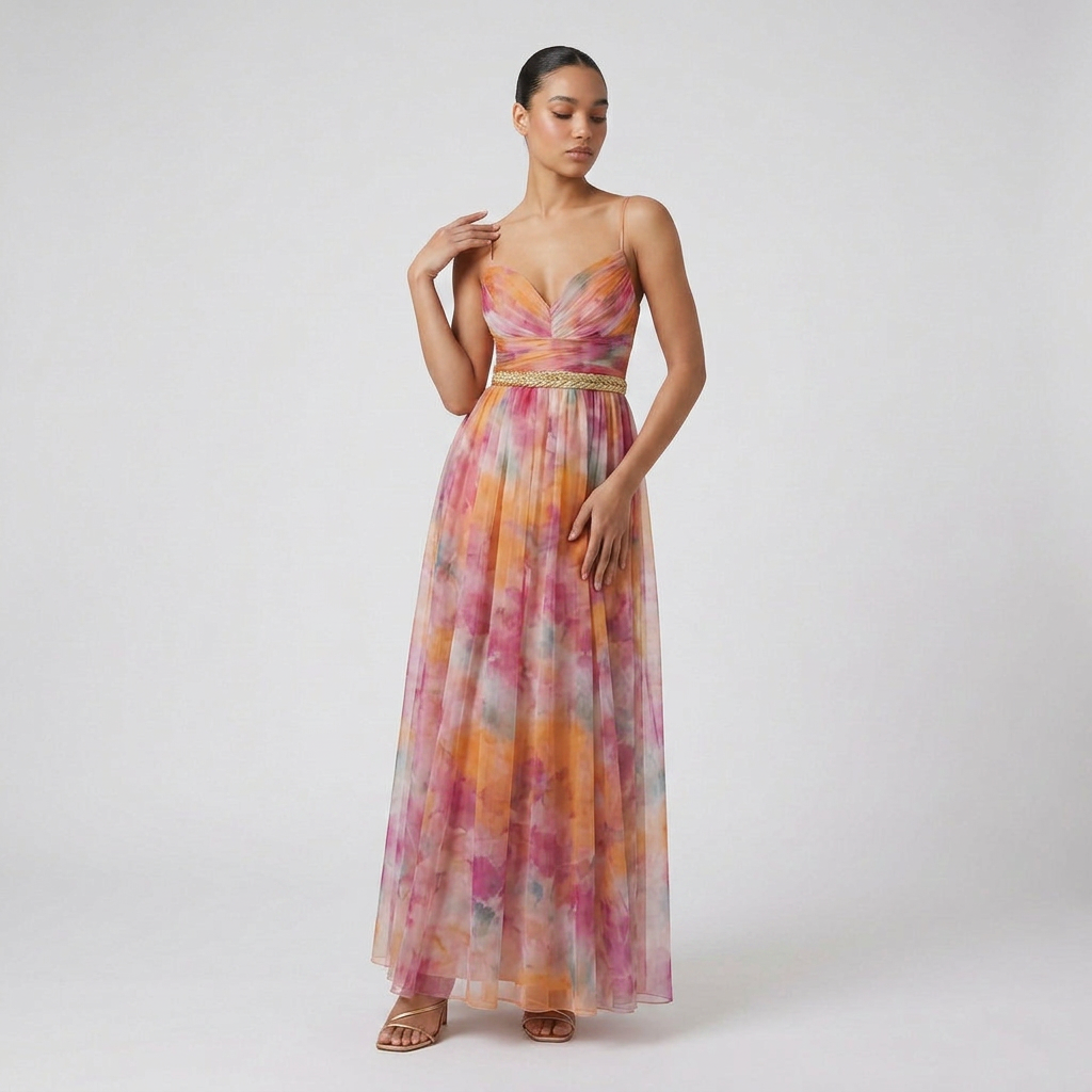 Women's Elegant Solid Maxi Wedding Guest Dress with Plunging V-Neck