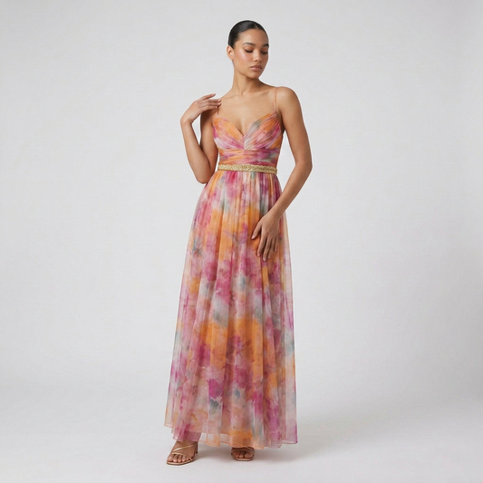Women's Elegant Solid Maxi Wedding Guest Dress with Plunging V-Neck