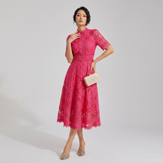 Elegant Lace Midi Dress with Flutter Sleeves and Layered