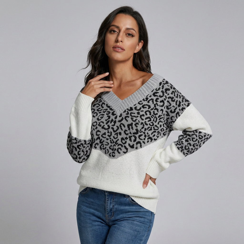 V-Neck Leopard Print Knit Sweater