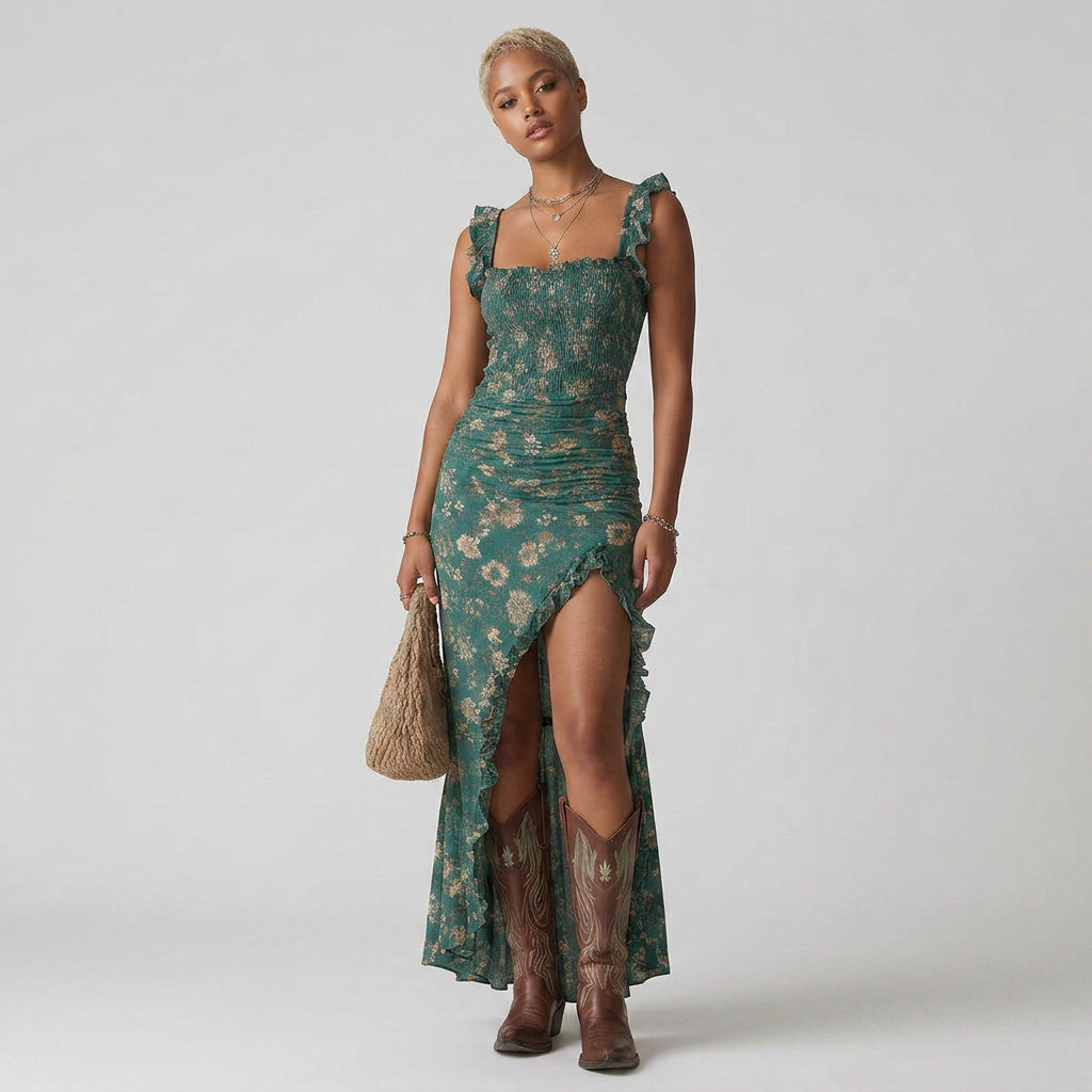 Floral Mermaid Maxi Dress with Ruffle Hem and High Slit