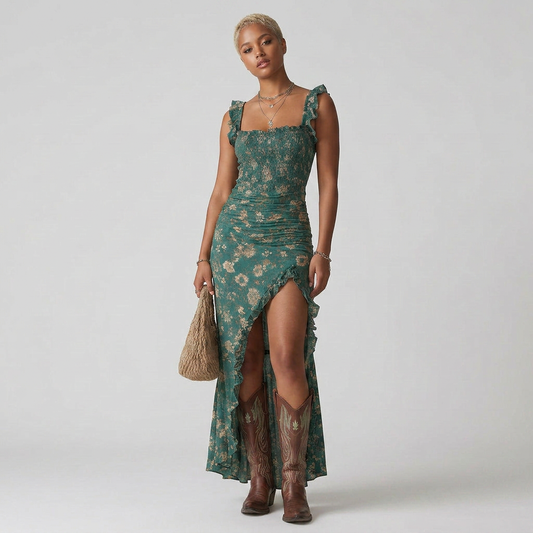Floral Mermaid Maxi Dress with Ruffle Hem and High Slit