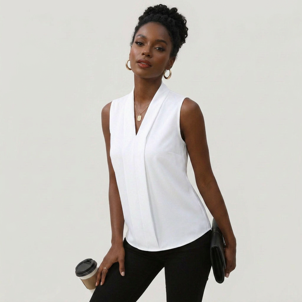 Sleeveless Pleated V-Neck Blouse