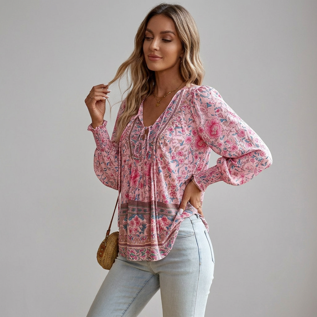 Boho Floral Long-Sleeve Peasant Top