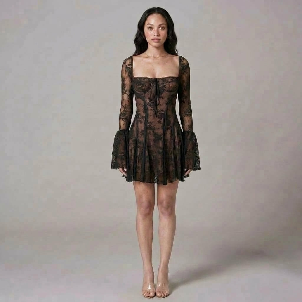 Long-Sleeve Open-Back Knit Mini Dress