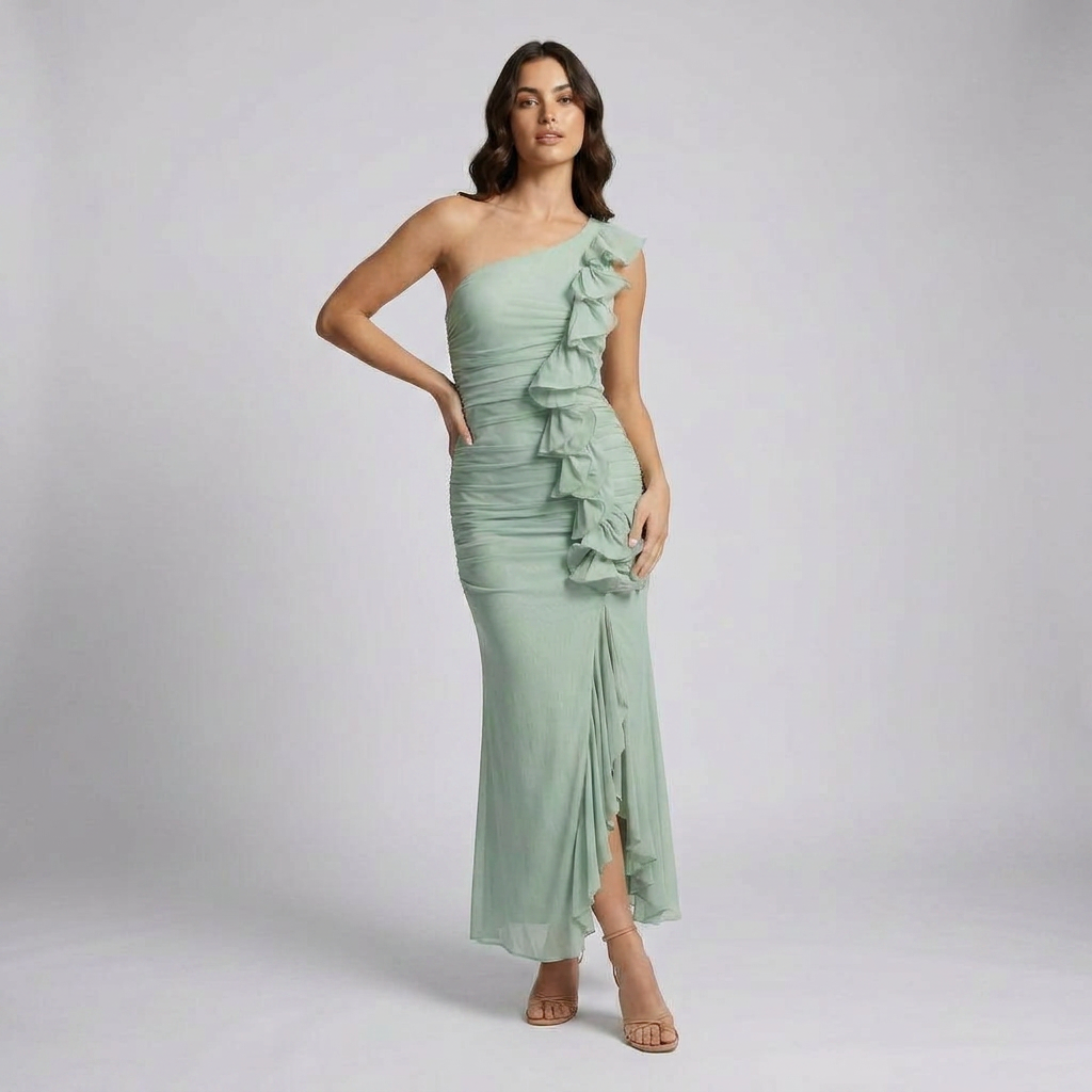 Long-Sleeve Patterned Maxi Dress with Elegant Crew Neckline