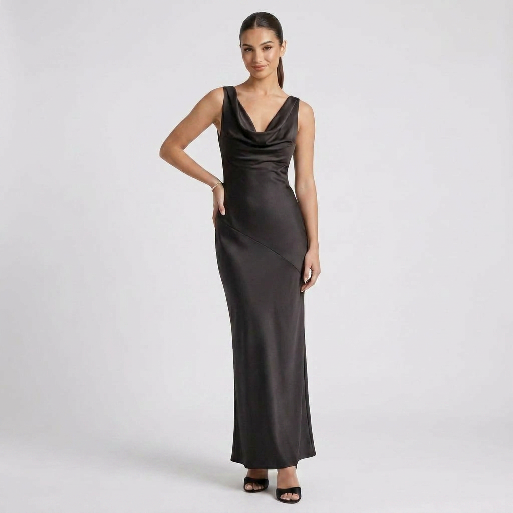 Sleeveless One-Shoulder Satin Maxi Dress