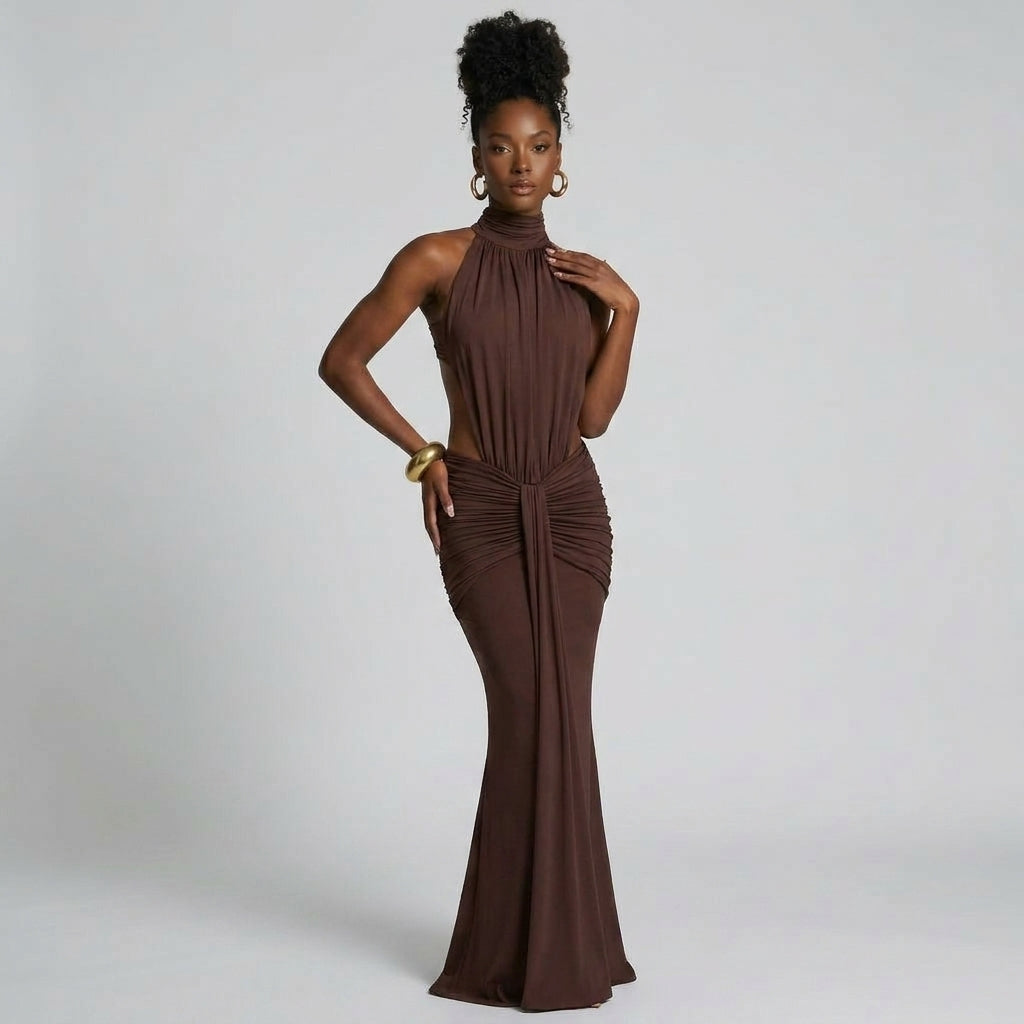 Sleeveless High-Neck Asymmetric Draped Maxi Dress