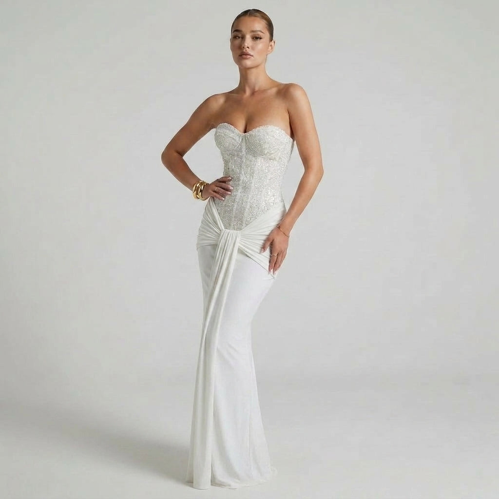 Off-the-Shoulder Structured Corset Maxi Dress with Fluid Silhouette