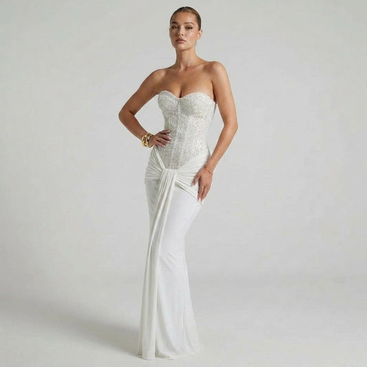 Off-the-Shoulder Structured Corset Maxi Dress with Fluid Silhouette