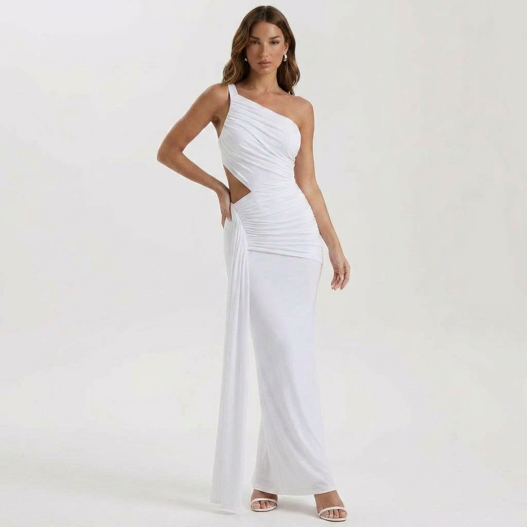 Asymmetric One-Shoulder Backless Maxi Dress with Ruched Draping