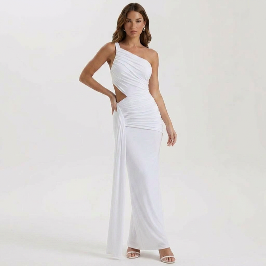 Asymmetric One-Shoulder Backless Maxi Dress with Ruched Draping