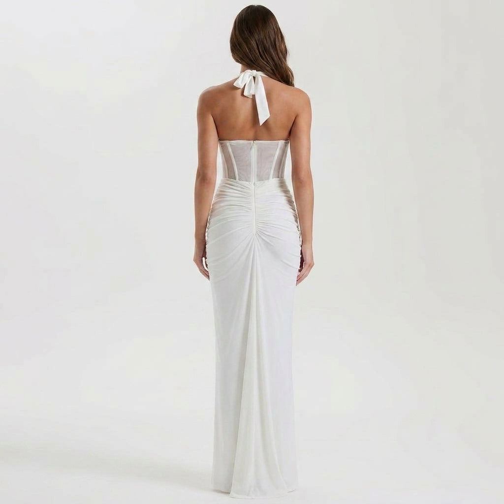 Halter Neck Bodycon Maxi Dress with Mesh Panel Accent
