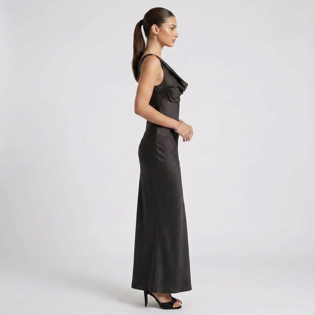 Sleeveless One-Shoulder Satin Maxi Dress