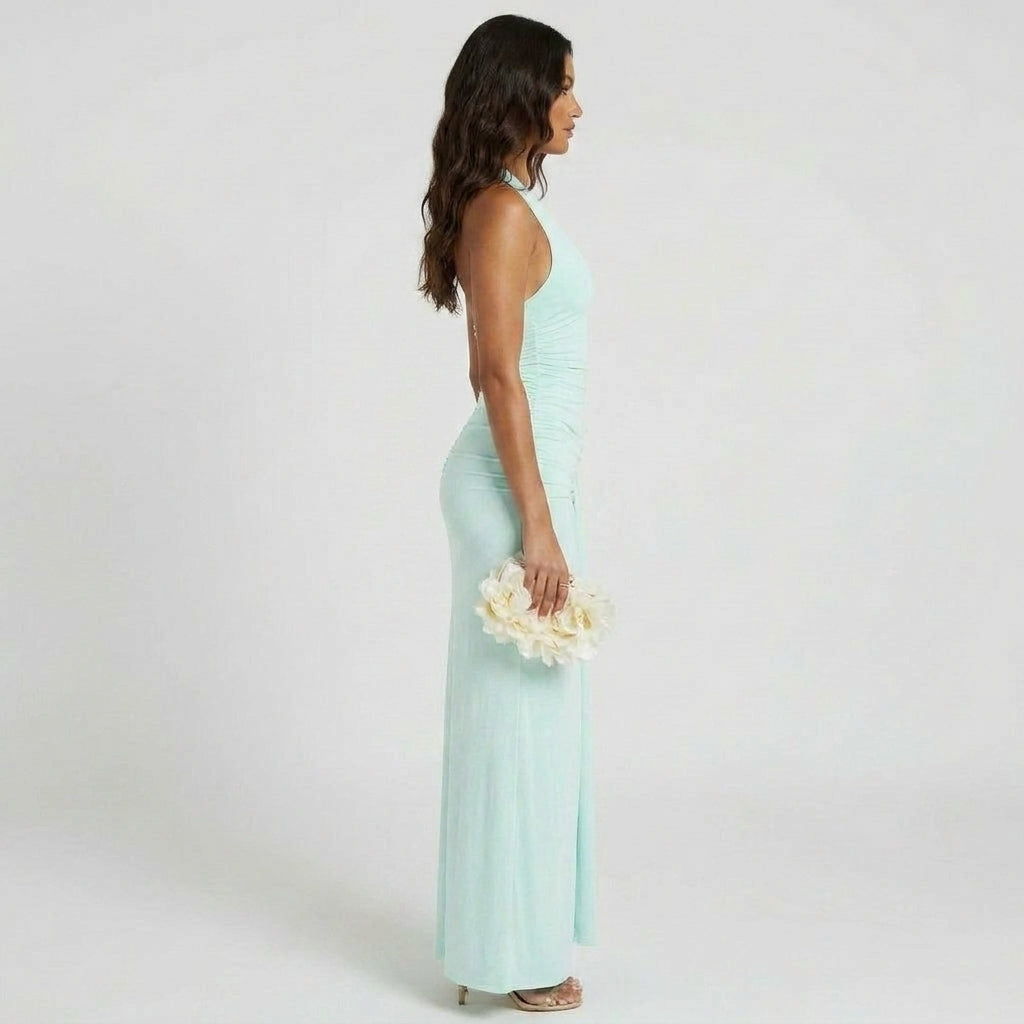 Sleeveless Halter Maxi Dress with Ruched Deep V-Neckline