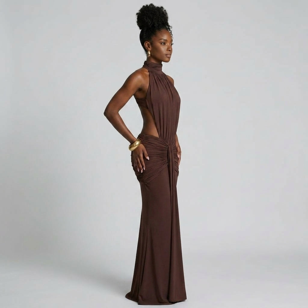 Sleeveless High-Neck Asymmetric Draped Maxi Dress