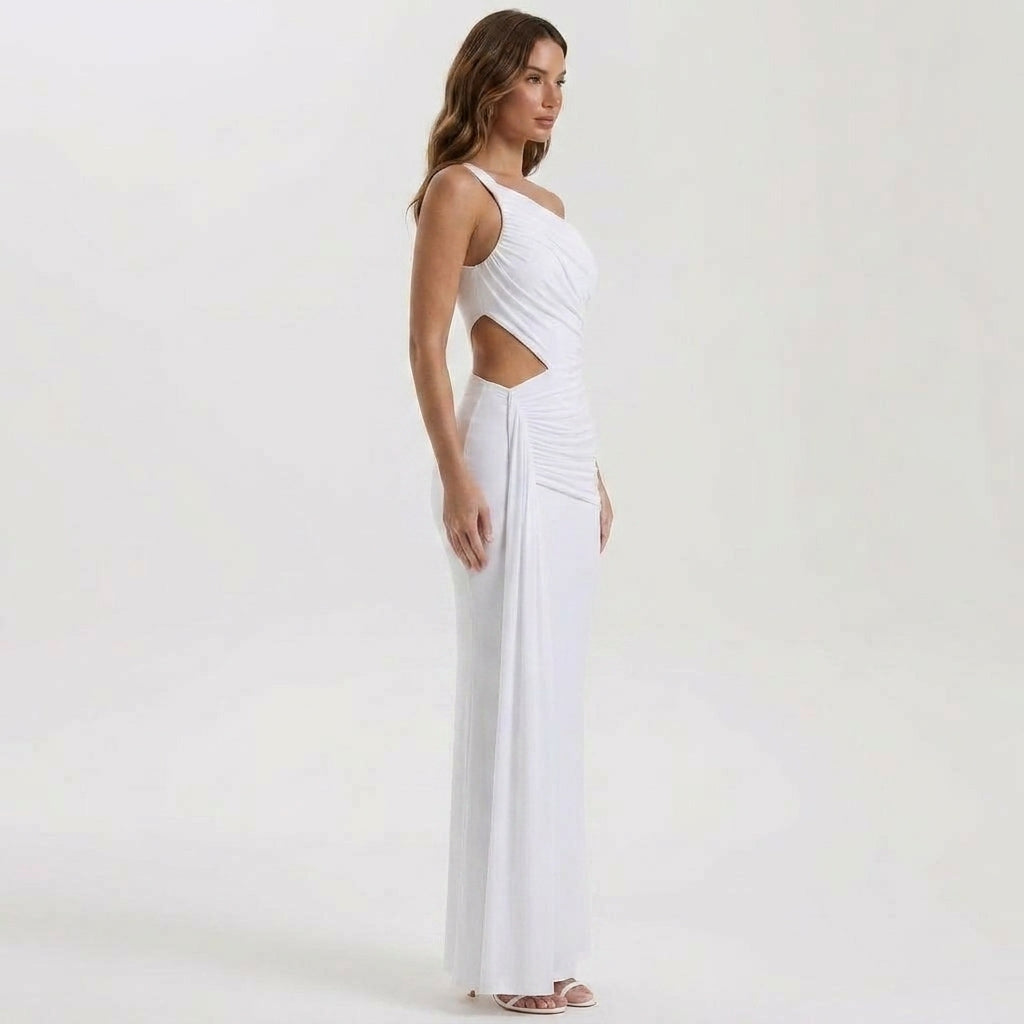Asymmetric One-Shoulder Backless Maxi Dress with Ruched Draping