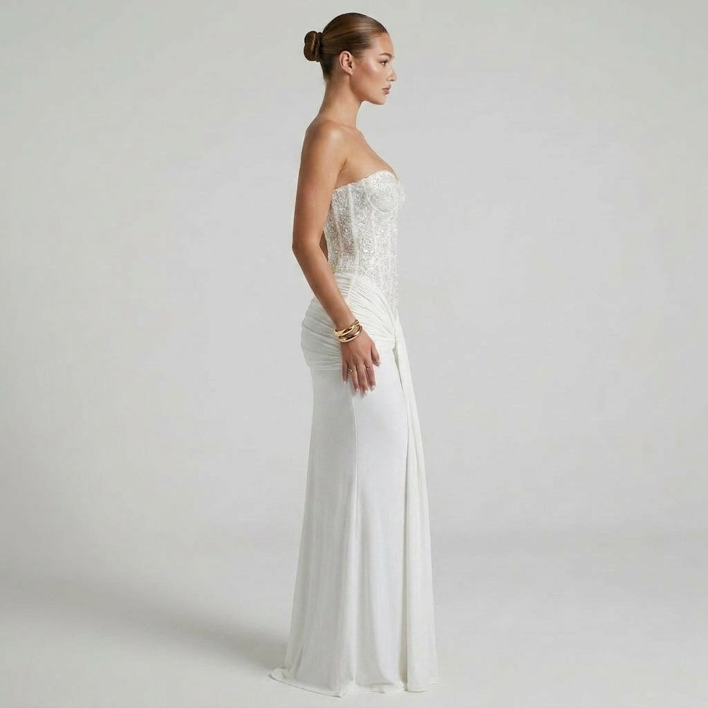 Off-the-Shoulder Structured Corset Maxi Dress with Fluid Silhouette