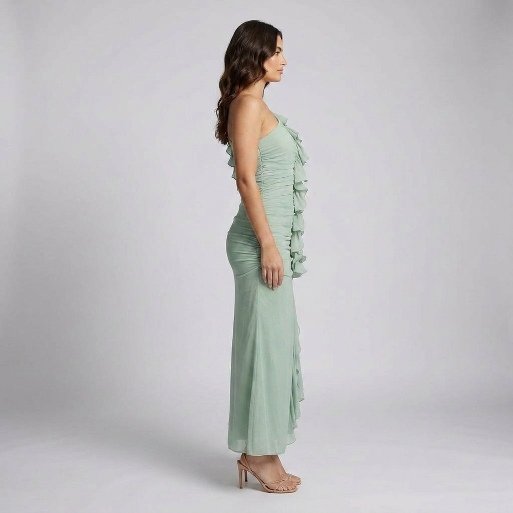 Long-Sleeve Patterned Maxi Dress with Elegant Crew Neckline