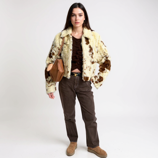 Teresa Women Faux Fur Cow Print Plush Soft Jacket