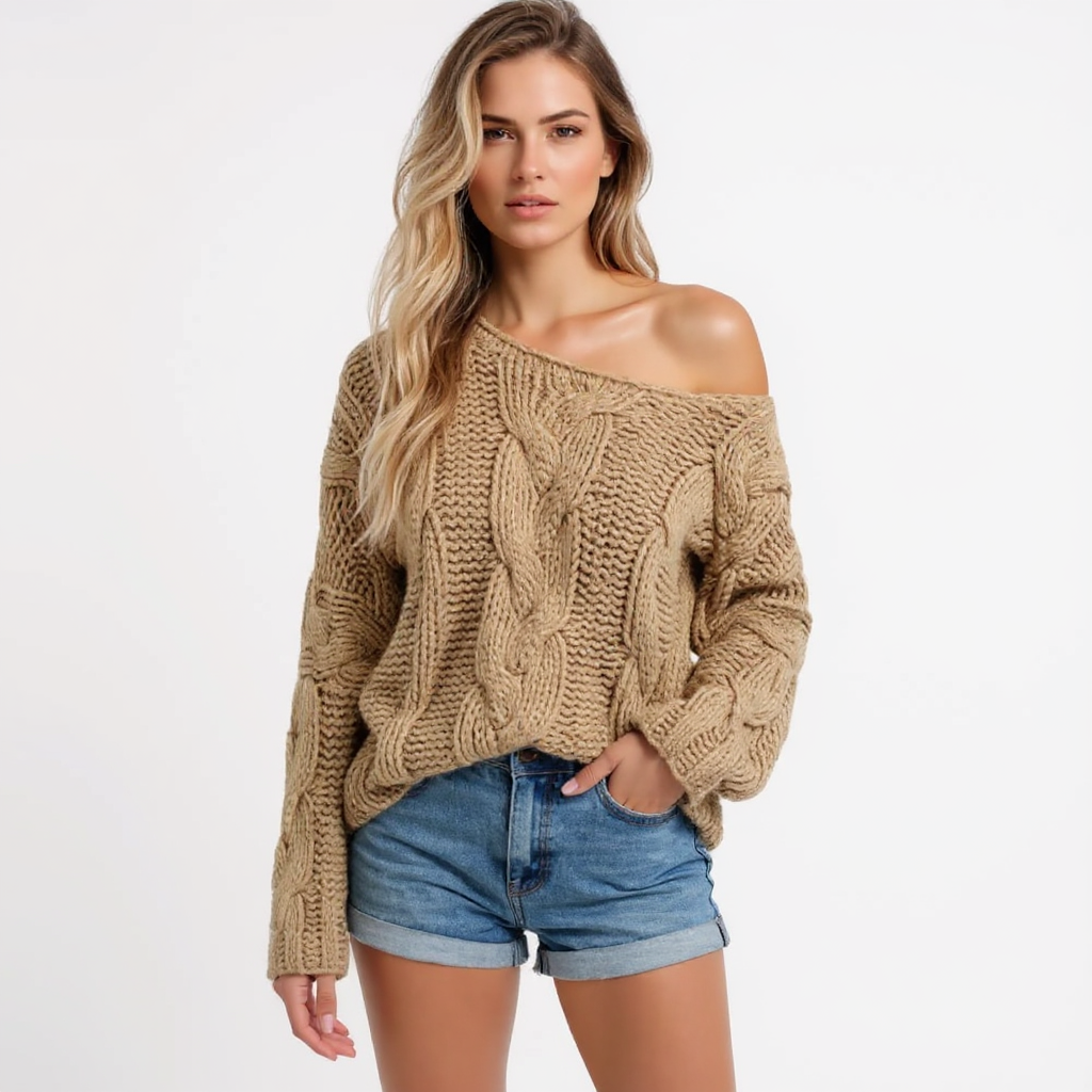 Chic Off-Shoulder Cable Knit Sweater in Warm Taupe