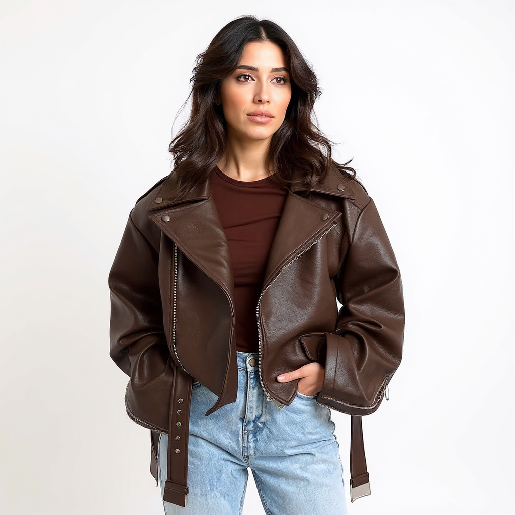 Fiona Women Oversized Faux Leather Cropped Jacket
