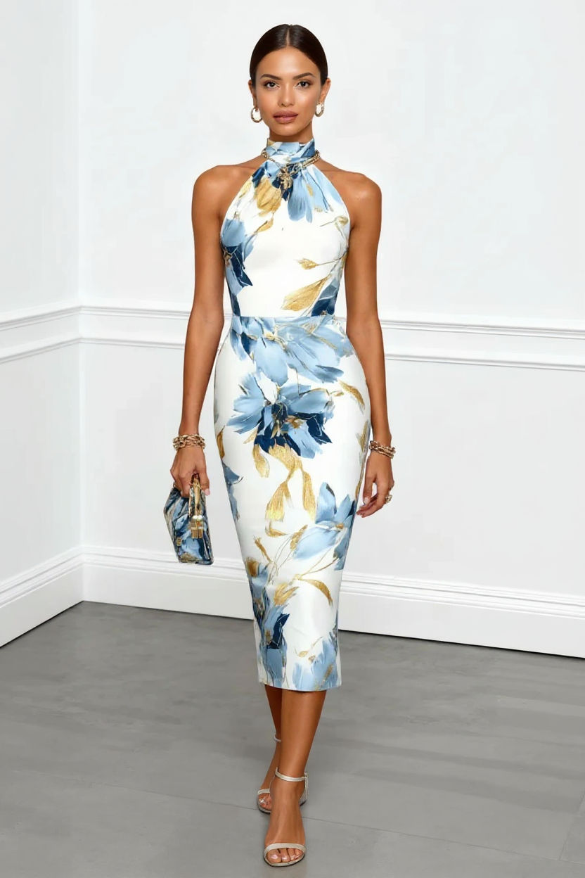 Elegant Halter Neck Floral Midi Dress in Blue and Gold Hues