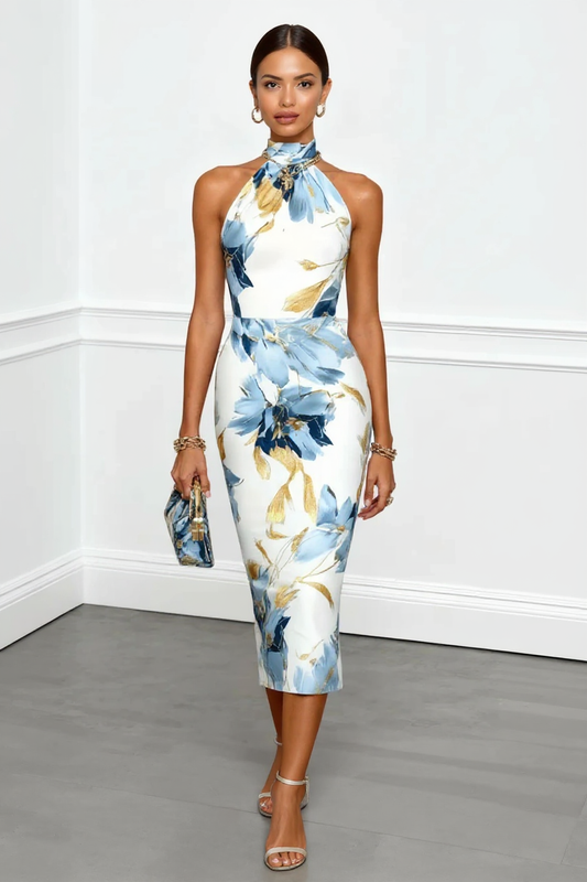 Elegant Halter Neck Floral Midi Dress in Blue and Gold Hues