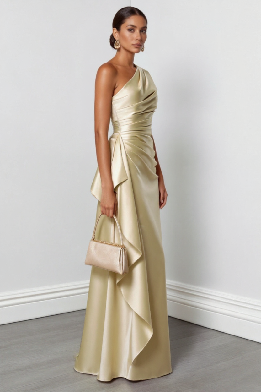 Elegant One-Shoulder Satin Ruffle Dress in Champagne
