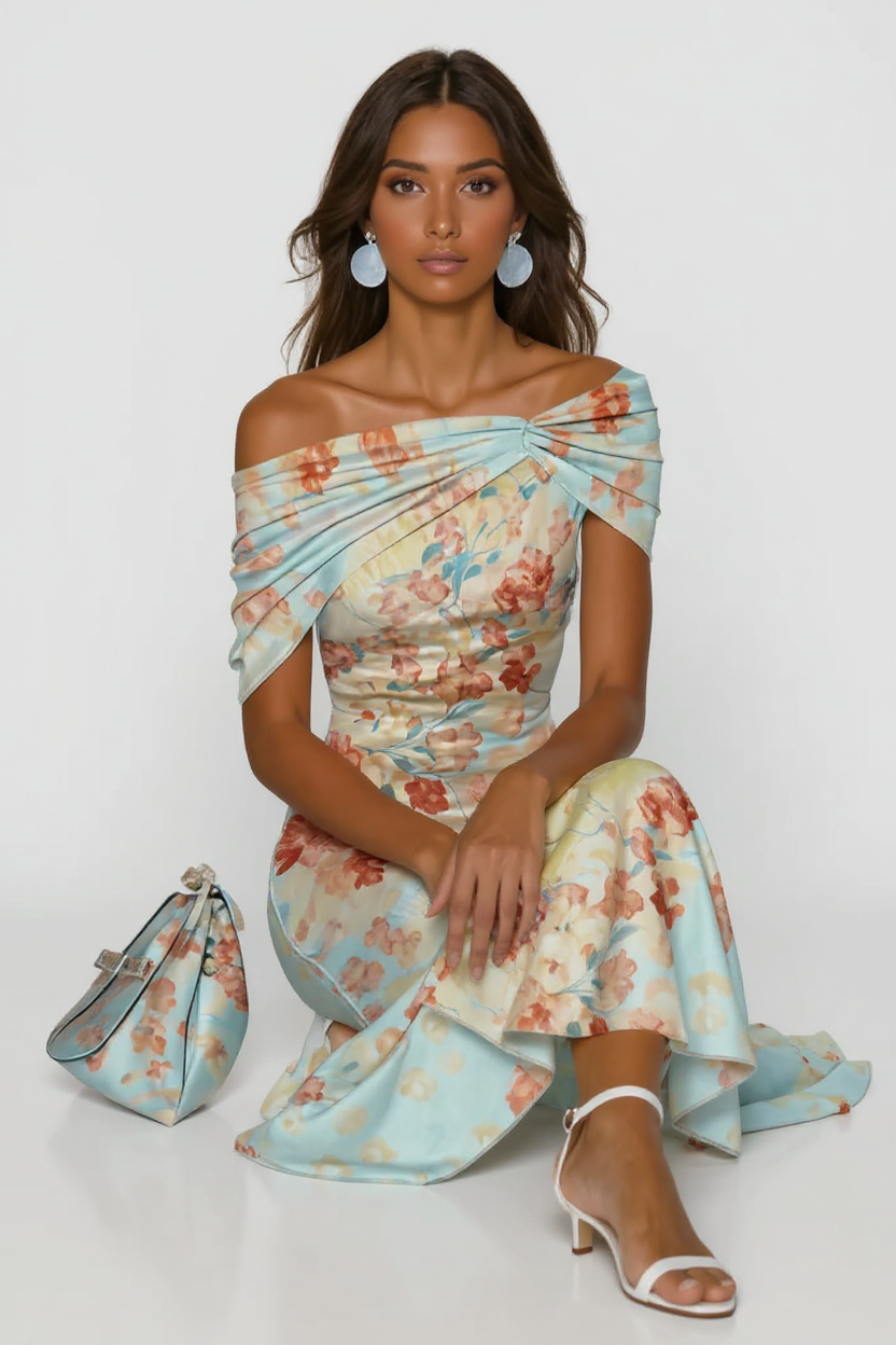 Floral Off-Shoulder Midi Dress in Pastel Shades