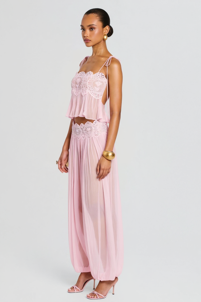 Elegant Pink Lace-Trimmed Two-Piece Set with Flowy Pants and Strappy Top