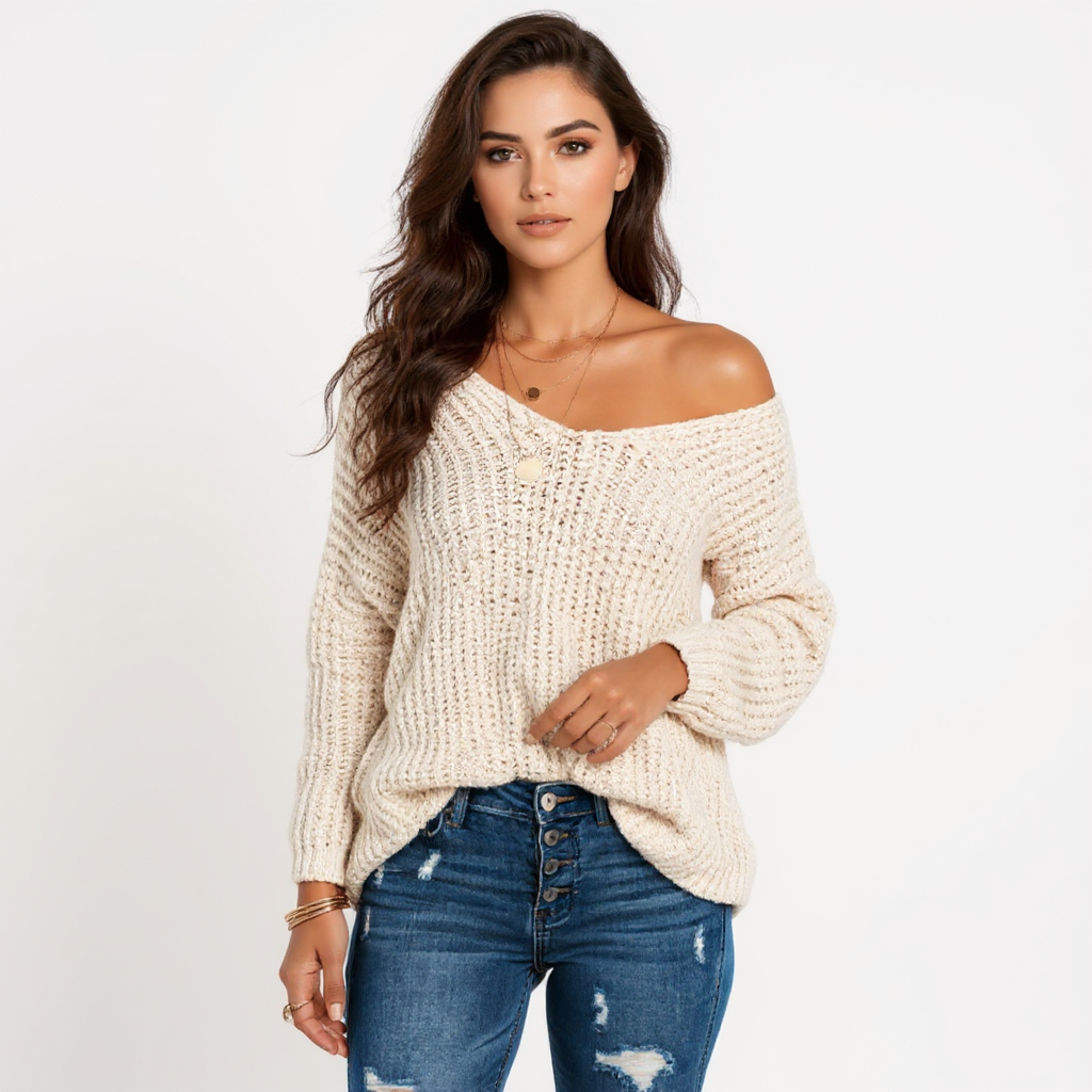 Valentina Women Off-Shoulder Cable Knit Sweater Top