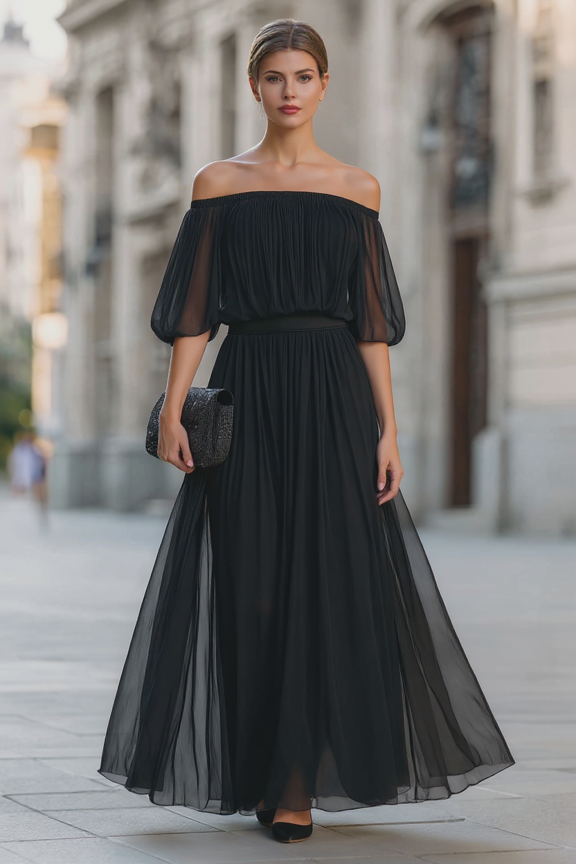 Elegant Off-Shoulder Black Pleated Dress