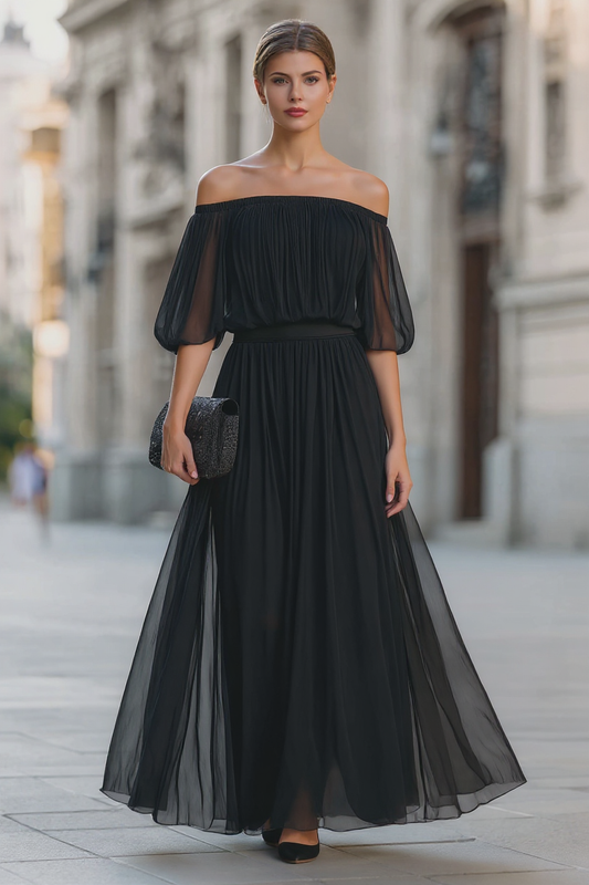 Elegant Off-Shoulder Black Pleated Dress