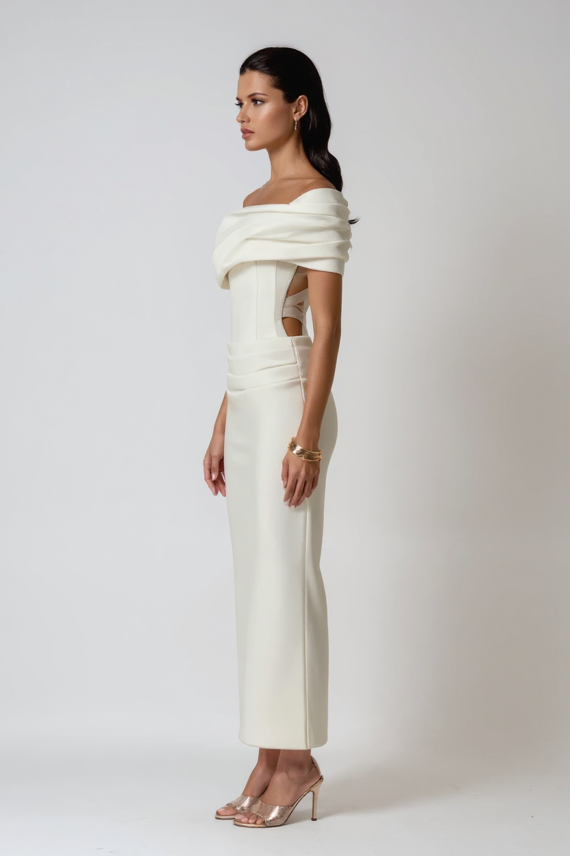 Thea Off-Shoulder Ruched Polyester Maxi Evening Dress