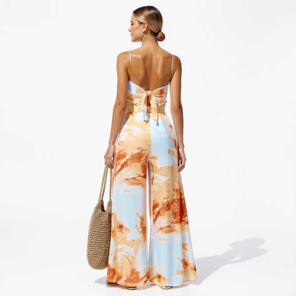 Maya Women Spaghetti Strap Front Tie Wide Leg Jumpsuit Maxi Dress