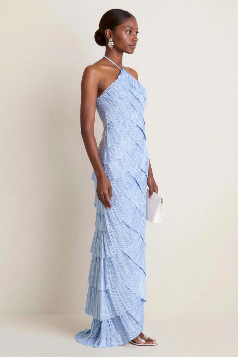 Elegant Light Blue Pleated Halter-Neck Maxi Dress