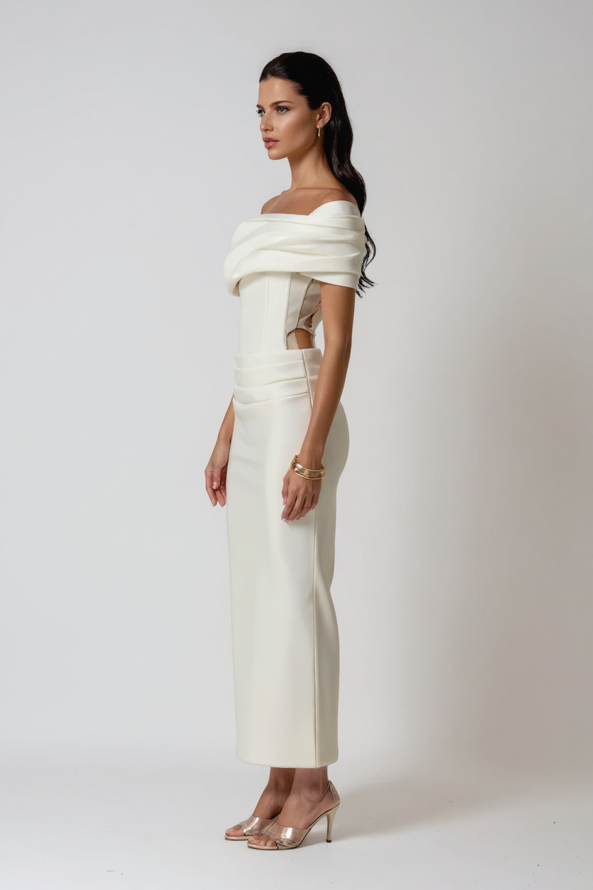 Thea Off-Shoulder Ruched Polyester Maxi Evening Dress