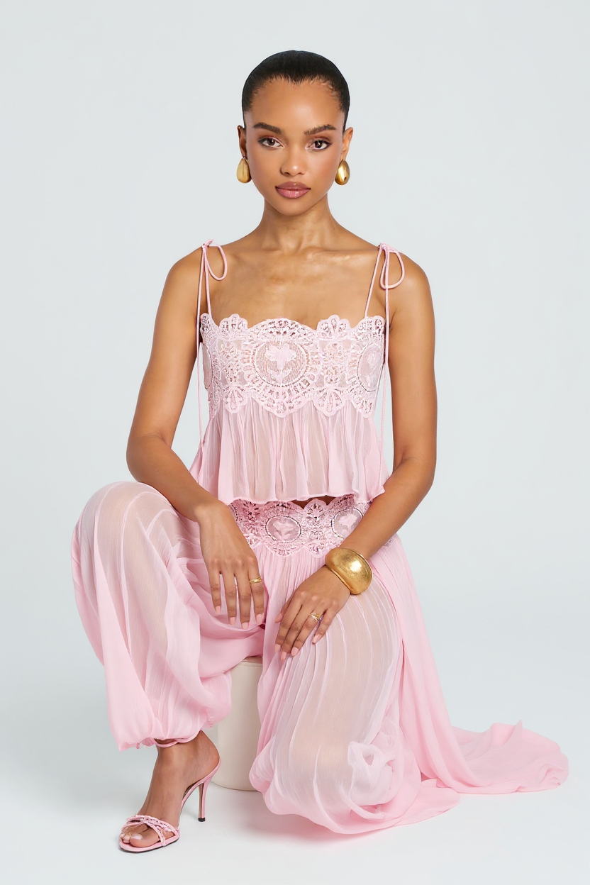 Elegant Pink Lace-Trimmed Two-Piece Set with Flowy Pants and Strappy Top
