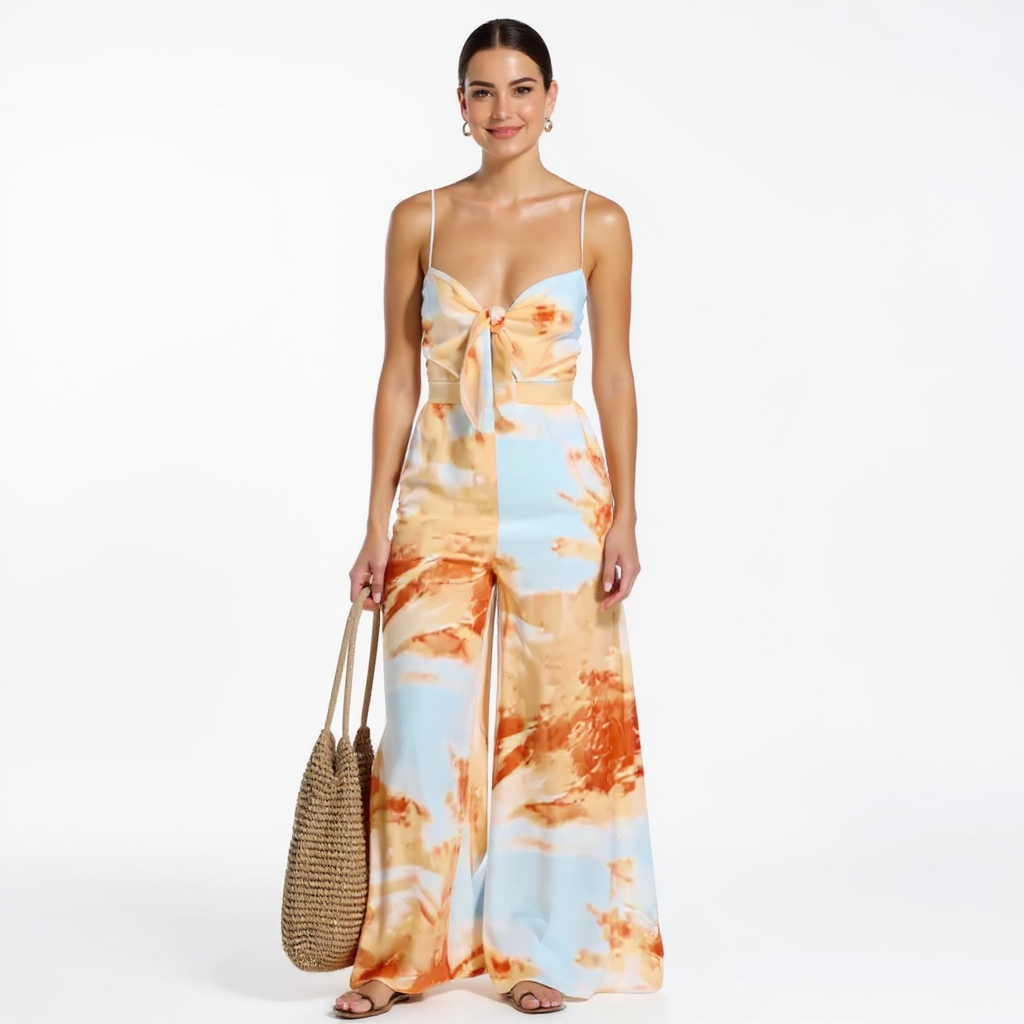 Maya Women Spaghetti Strap Front Tie Wide Leg Jumpsuit Maxi Dress