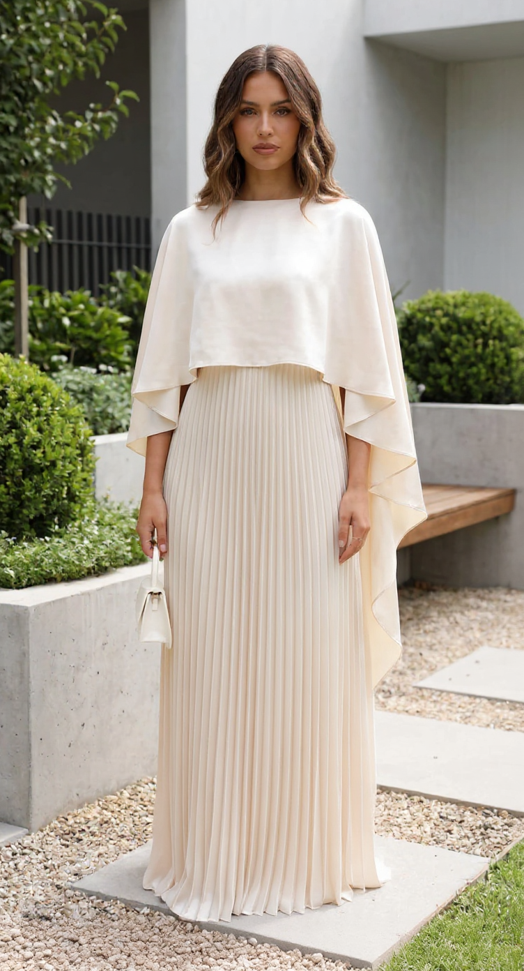 Genevieve Long Cape Sleeve Pleated Maxi Wedding Guest Dress