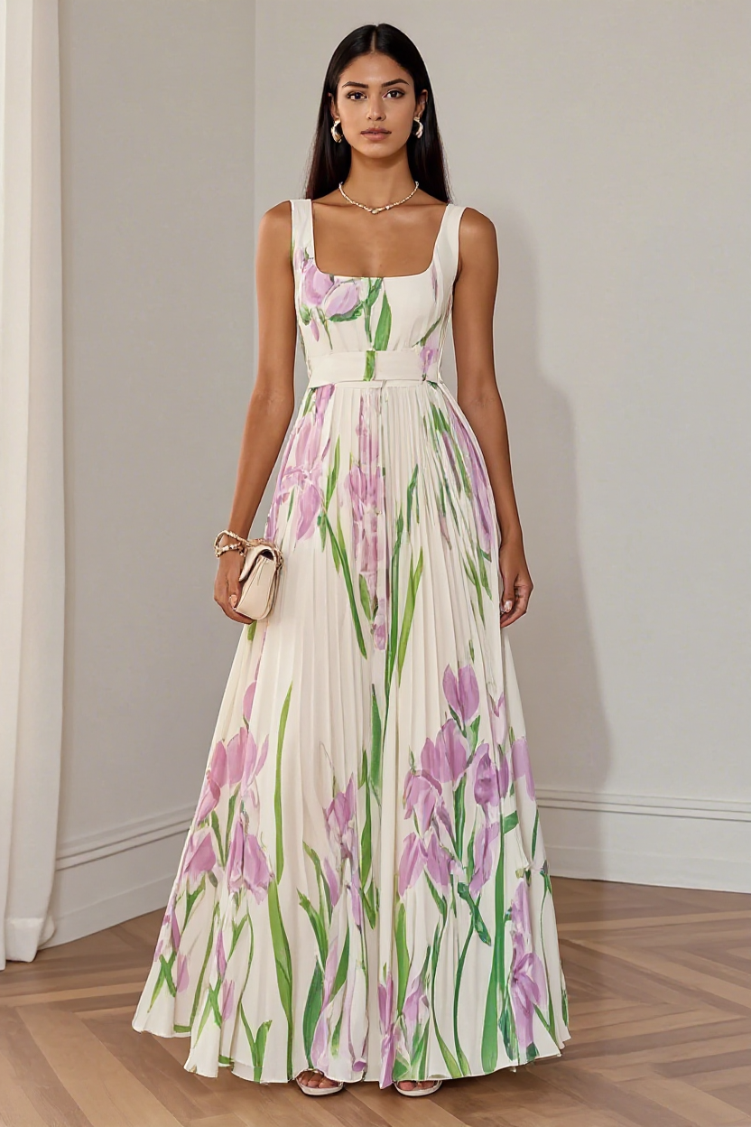 Floral Pleated Maxi Dress with Square Neckline