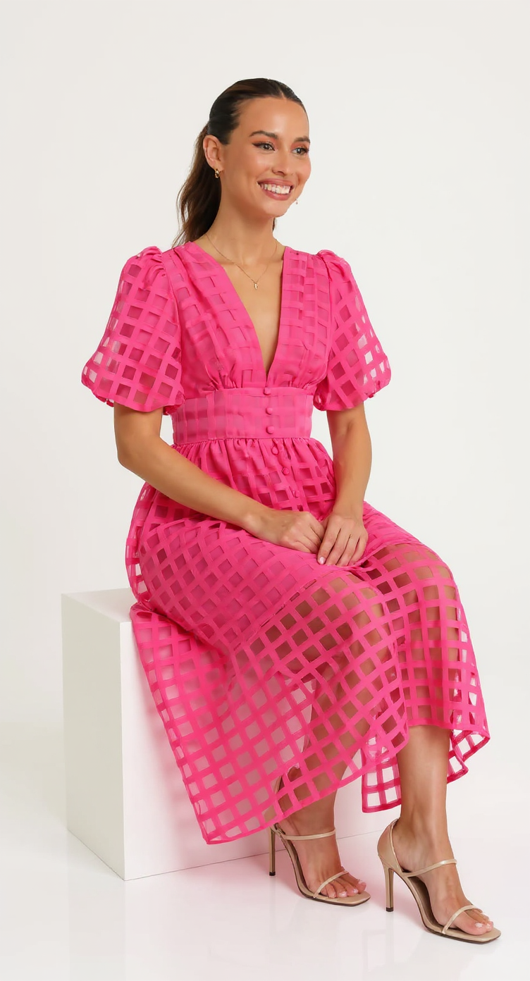Grid Textured Puff Sleeve V-Neck Midi Wedding Guest Dress