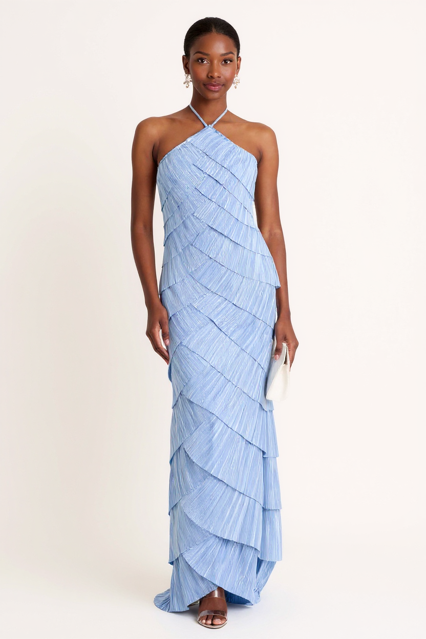Elegant Light Blue Pleated Halter-Neck Maxi Dress