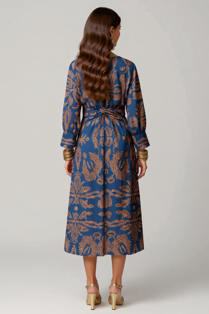 Rosalie Long Flare Sleeve V-Neck Satin Maxi Evening Dress