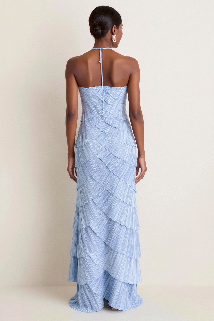 Elegant Light Blue Pleated Halter-Neck Maxi Dress