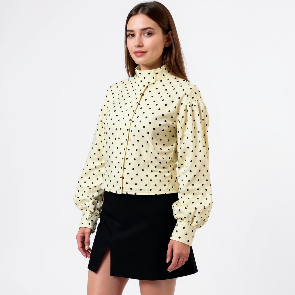 Elena Women High Neck Puff Sleeve Polka Dot Jacket
