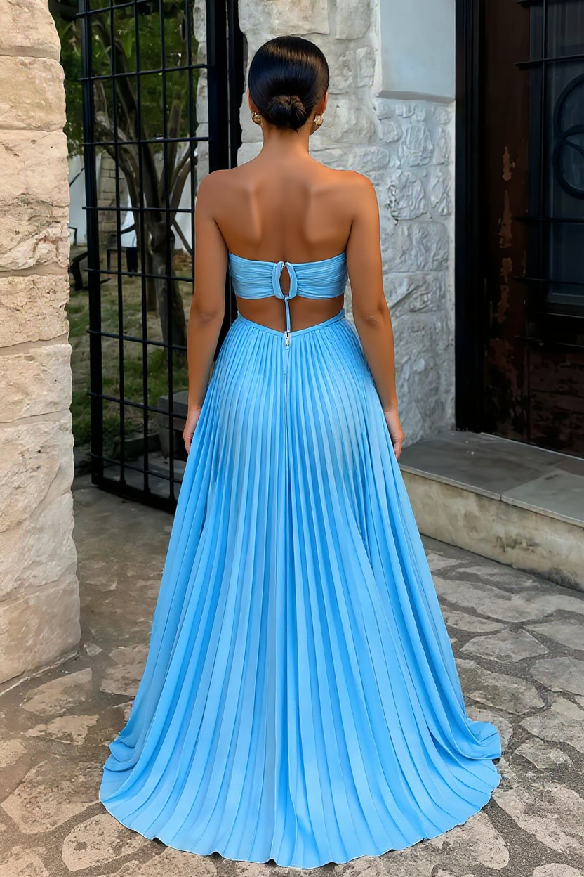 Luella Halter Pleated Satin Maxi Prom Dress with Open Back