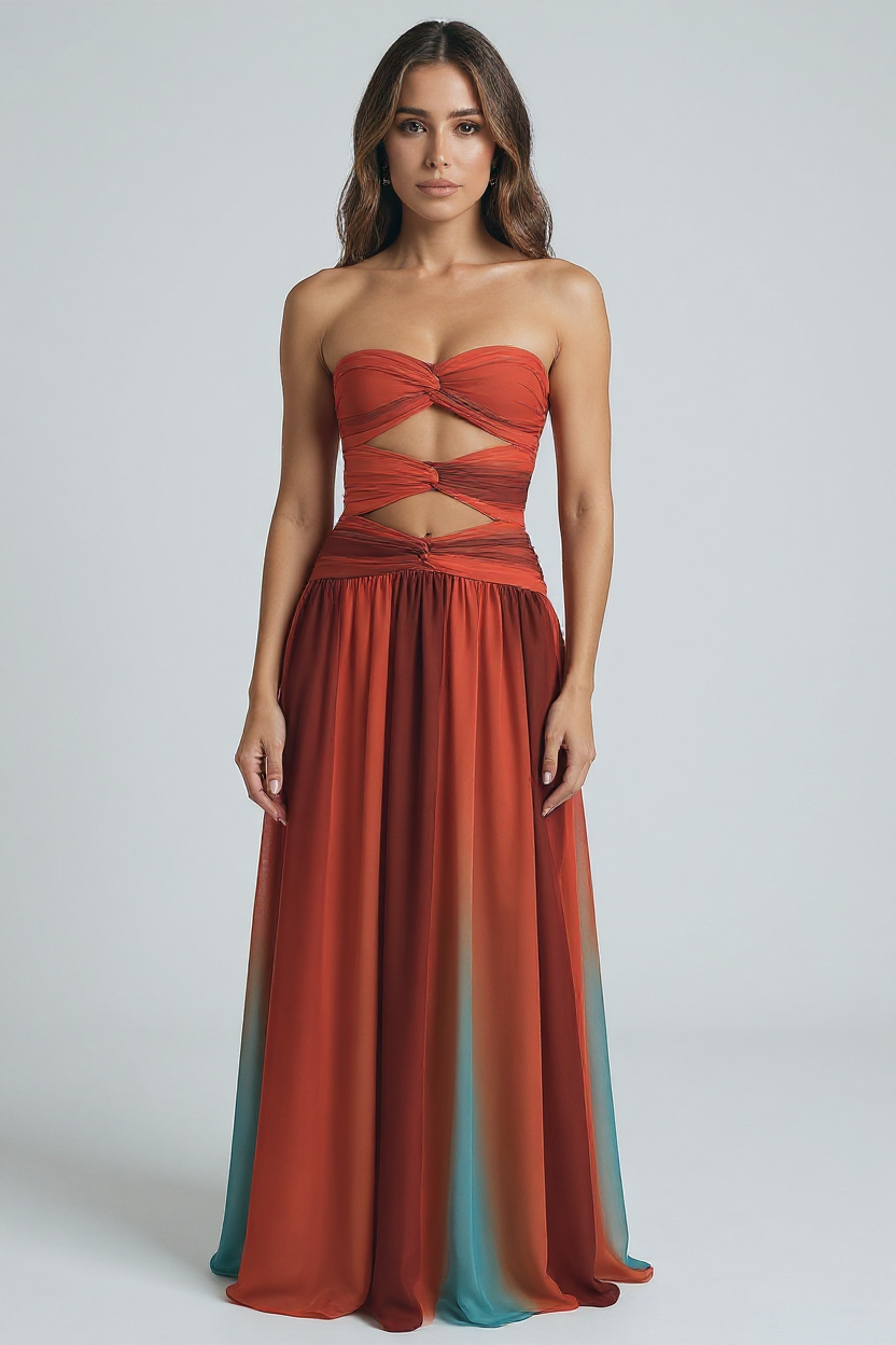 Elegant Strapless Maxi Dress with Ombre Design